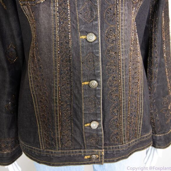 Laura Ashley brown beaded embroidered button up jean jacket, size M - Picture 7 of 16
